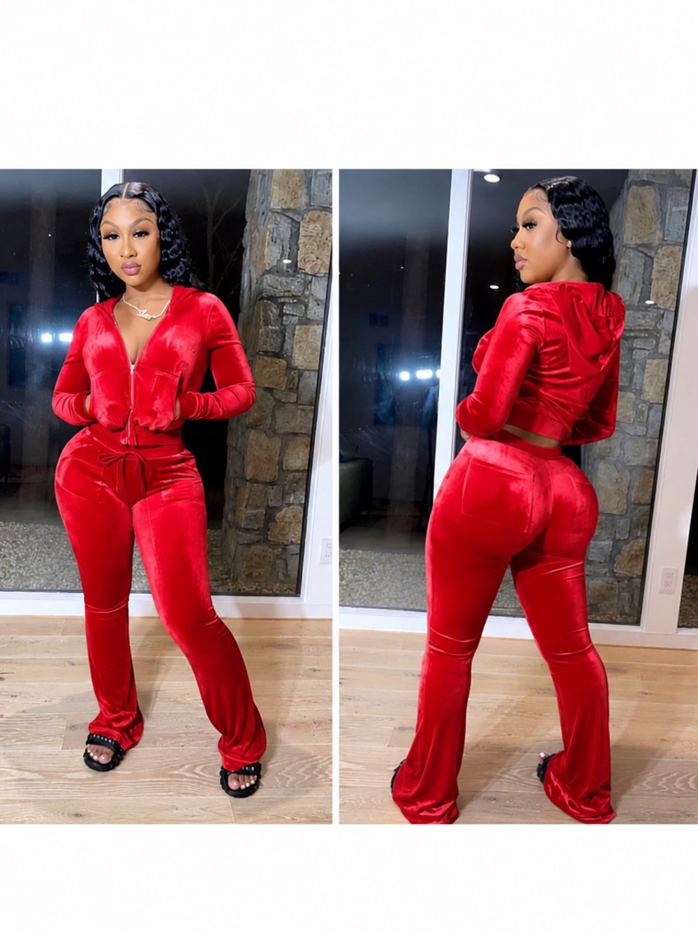 Y2K Stretchy Sexy Red Velour Sweatsuit Casual Cute Feminine Yoga